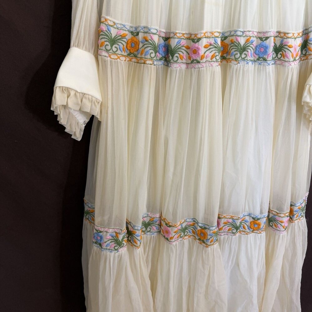 Vintage Prairie Maxi Dress S Embroidered Floral Sheer Sleeves Boho Cottagecore - Picture 13 of 13